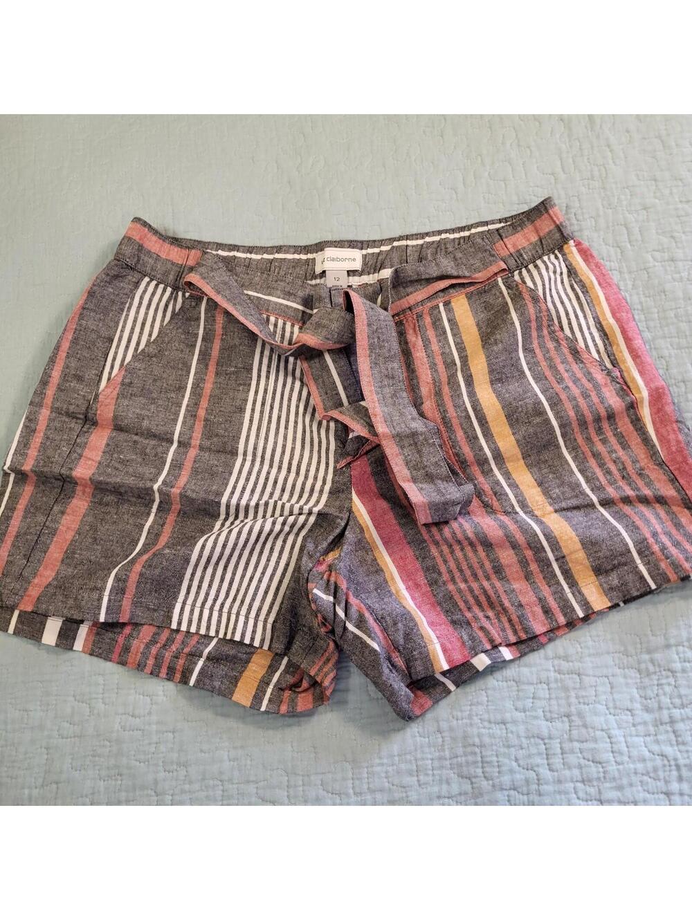 Liz Claiborne striped short shorts, linen blend, self-tie waist belt Women's 12
